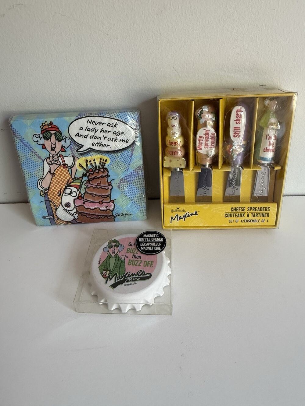 Maxine (Hallmark) LOT Kitchen / Bar Cheese Spreaders, Napkins, & Bottle Opener